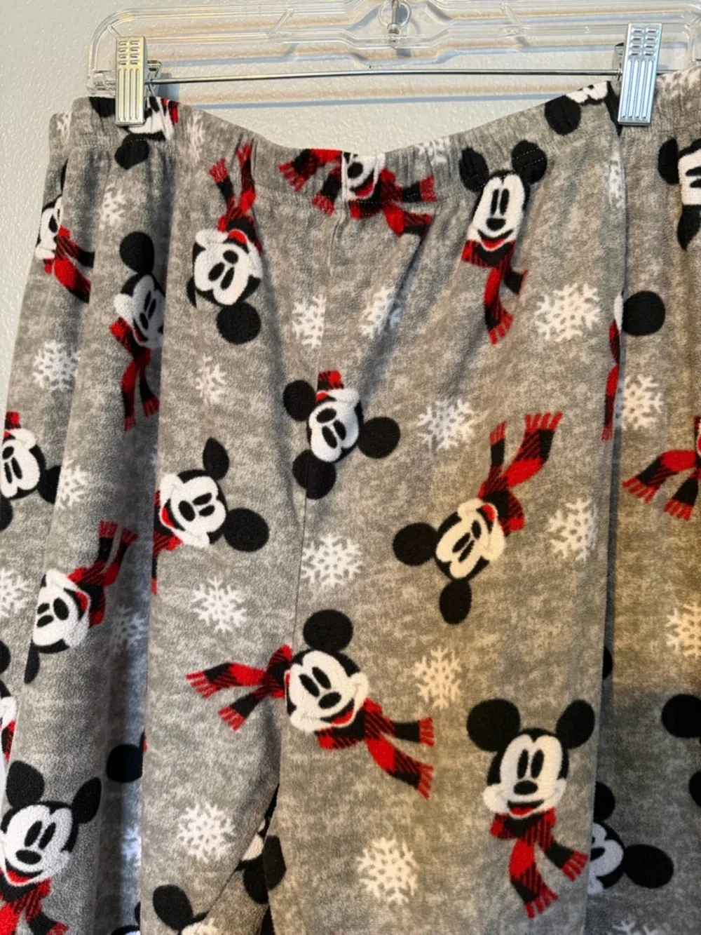 Disney Grey Mickey Mouse Snowflake Pajama Bottoms with Red Accents - Picture 2 of 4